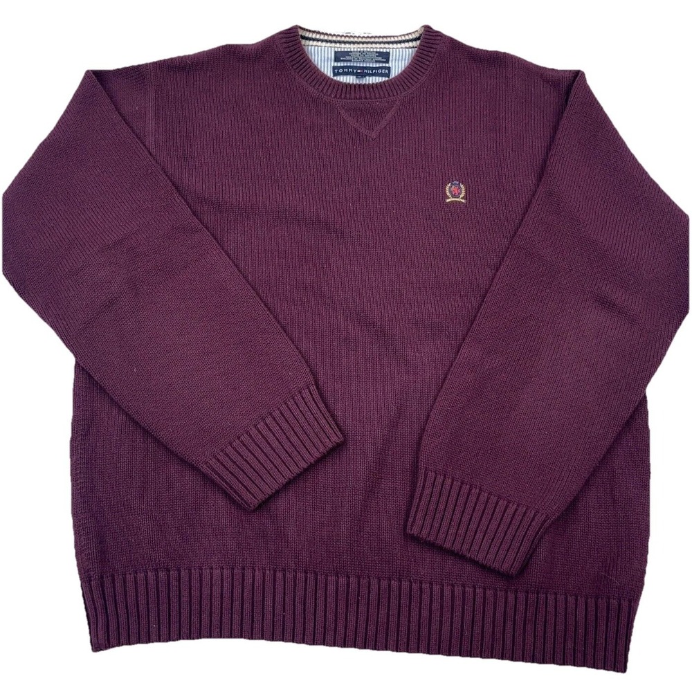 Tommy Hilfiger Sweater Men XL Maroon Heavy Knit Crewneck Pullover Ribbed Grandpa